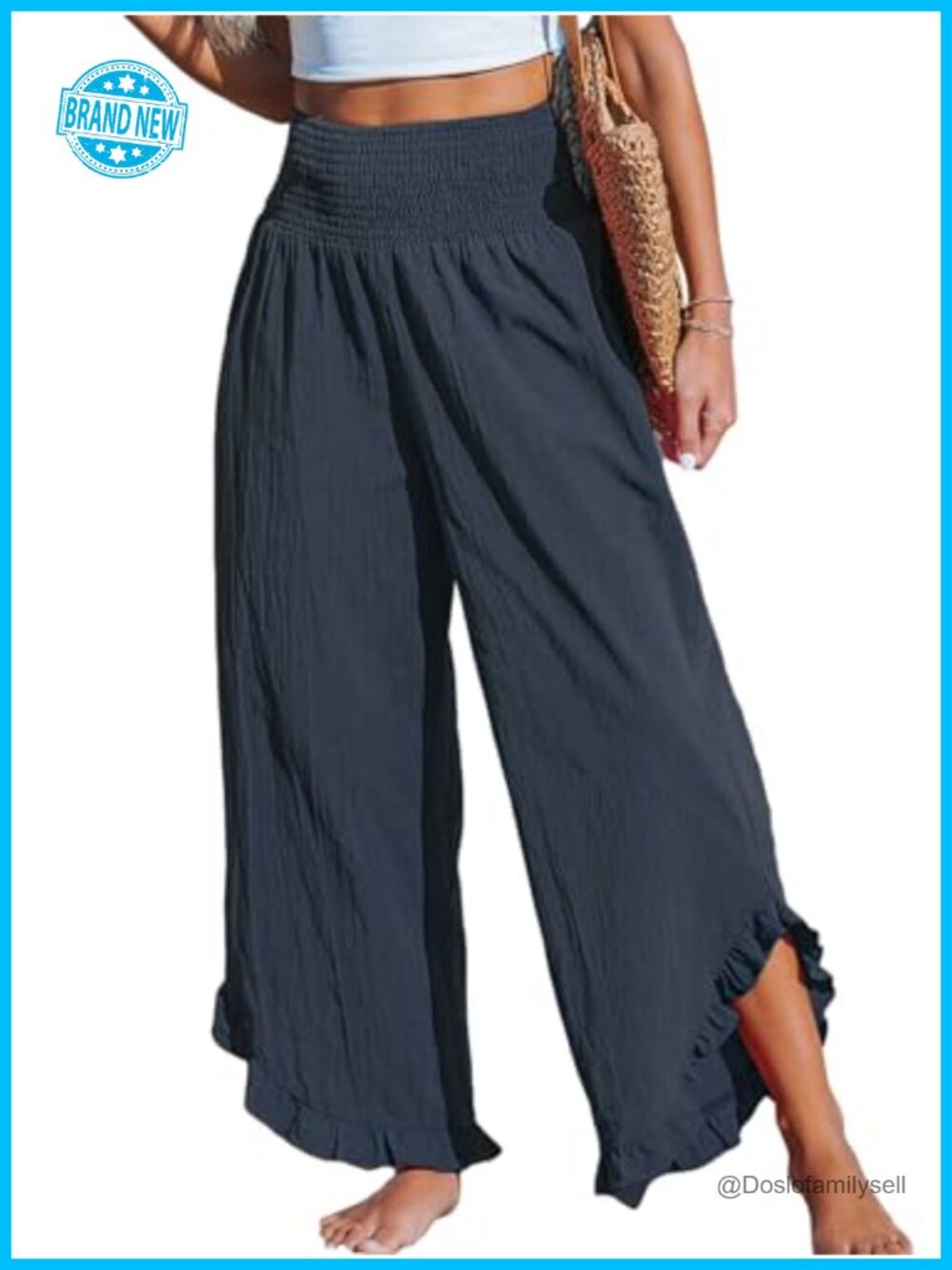 Smocked Waist Straight Leg Cotton Pants with Ruffle Cuffs